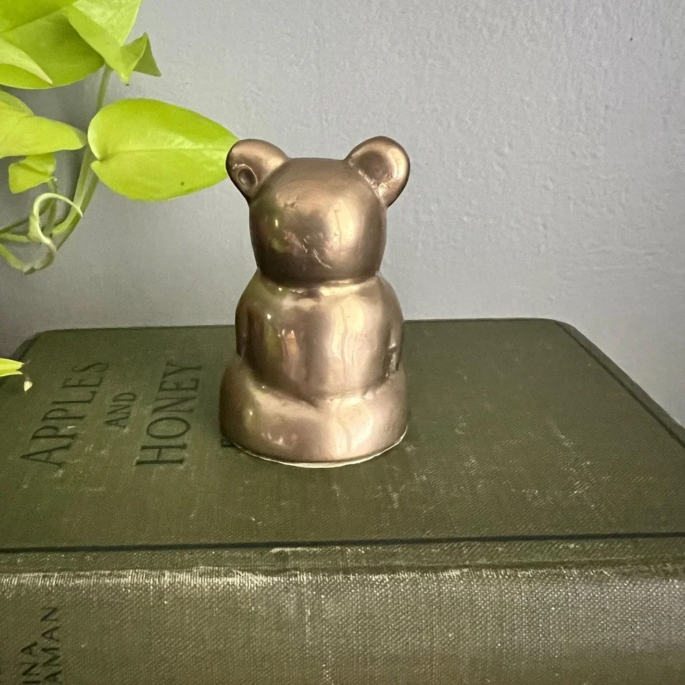 Vintage Brass Teddy Bear Figurine Playing Drum 3 Inch Small Nursery Shelf Decor